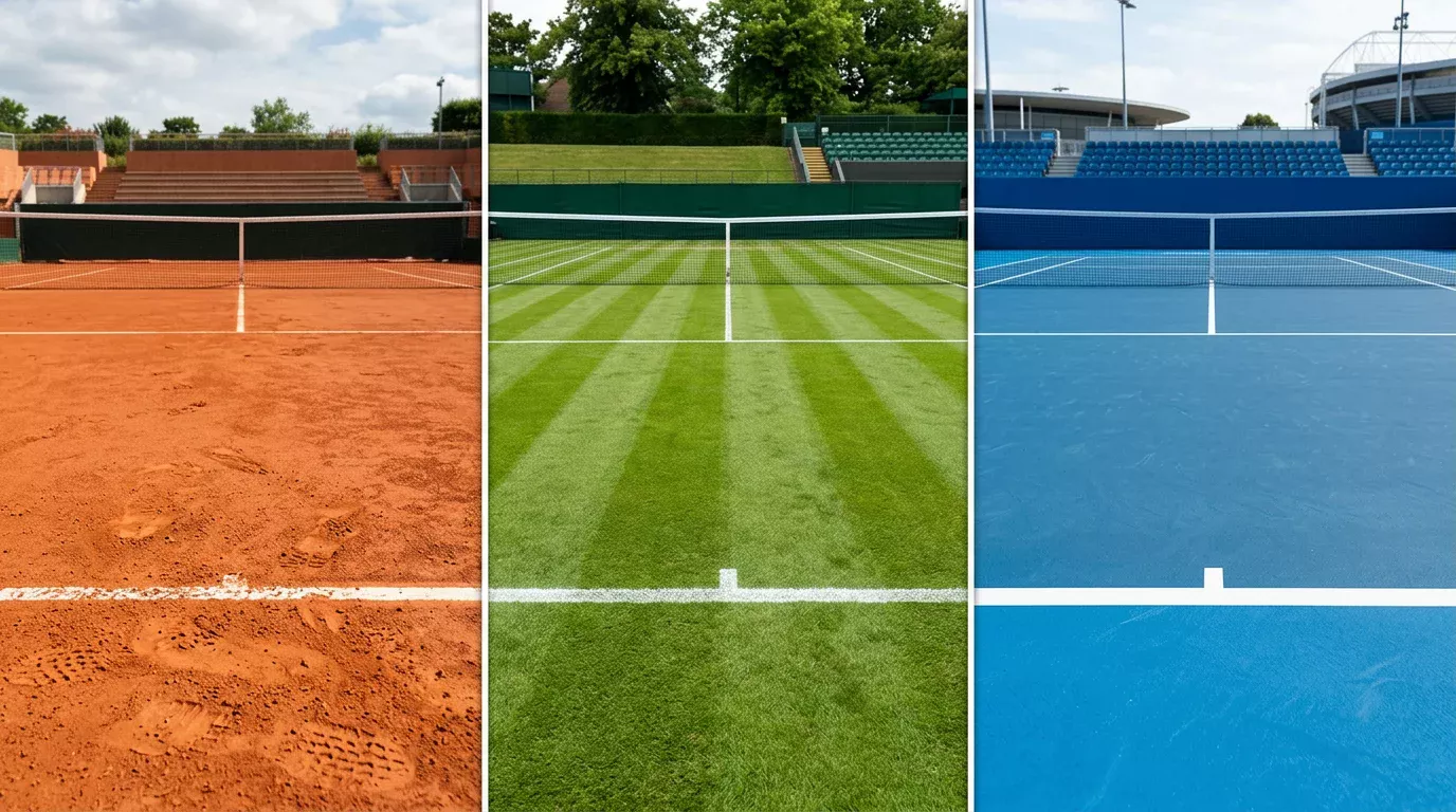 Vergleich der drei Tennisbelaege Sand Rasen und Hartplatz